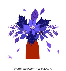 vector illustration of a vase of flowers on a white isolated background, a vase of flowers in the style of flat design in blue shades