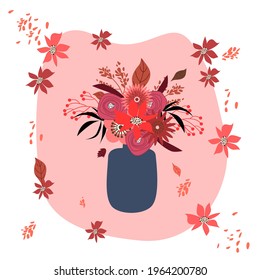 vector illustration of a vase of flowers on a white isolated background, a vase of flowers in the style of flat design in blue shades