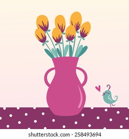 Vector illustration of vase with flowers on the table
