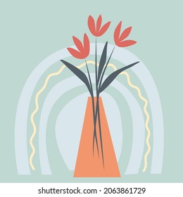 Ilustración vectorial con jarrón, flores y arcoiris como decoración de pared de mediados de siglo. Elemento de diseño para portada de libro, plantilla de página, impresión, tarjeta, folleto, revista, afiche. Vector