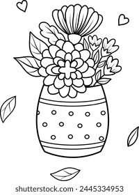 Vector illustration of a vase with flowers, tulips, daisies, peonies, hydrangeas. A black and white outline. Seasonal illustration of spring flowers for gardening, coloring book. Easter illustration