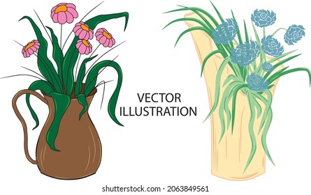 Vector illustration, vase and jug with flowers.