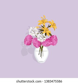 Vector illustration with a vase and realistic garden flowers on an isolated background. Template for greeting cards, web design.