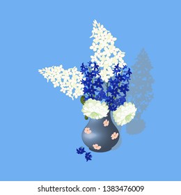 Vector illustration with a vase and realistic garden flowers on an isolated background. Template for greeting cards, web design.