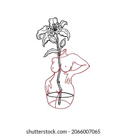 Vector illustration of a vase in the shape of a female body. Flower in a vase. Woman body silhouette and lily. Concept, print, tattoo. Isolated on white background. 