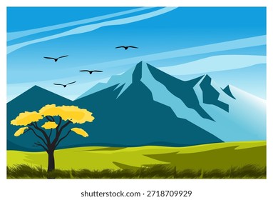 Eine Vektorgrafik einer riesigen Weite von gelbem und grünem Grasland im Vordergrund und im Mittelgrund. Im Hintergrund hohe blaue Berge. Der Himmel ist ein helles Blau, gepunktet mit ein paar weißen Wolken und fliegenden Vögeln. Auf der linken Seite des Bildes erinnert ein einsamer Baum mit goldgelben Blättern an ein frühlings- oder sommerliches Gefühl. Der Stil ist einfach, sauber und verwendet eine helle Farbpalette, die für flache oder Cartoon-Illustrationen typisch ist.