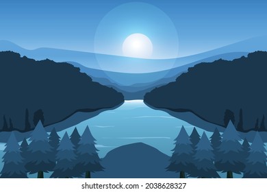 Ilustración vectorial, amplia atmósfera de bosque por la noche con un gran fondo de río.