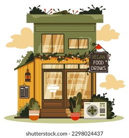 Vector illustration of a vegan cafe on a white background. Flat graphics in green and yellow colors.