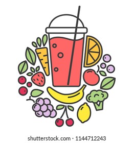 Vector Illustration Of Vegan Detox Smoothie. Logo For Vegans. Ingredients For Detox Drink.