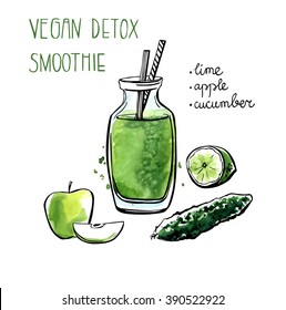 Vector illustration of vegan detox smoothie. Hand drawn recipe of healthy drink made of lime, apple and cucumber. Black outline and bright watercolor stains with artistic drips. Isolated on white.