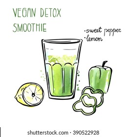 Vector illustration of vegan detox smoothie. Hand drawn recipe of healthy drink made of lemon and sweet pepper. Black outline and bright watercolor stains with artistic drips. Isolated on white.
