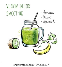 Vector illustration of vegan detox smoothie. Hand drawn recipe of healthy drink made of kiwi, banana and spinach. Black outline and bright watercolor stains with artistic drips. Isolated on white.