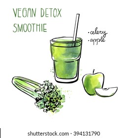 Vector illustration of vegan detox smoothie. Hand drawn recipe of healthy drink made of celery and apple. Black outline and bright watercolor stains with artistic drips. Isolated on white background.