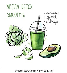 Vector illustration of vegan detox smoothie. Hand drawn recipe of healthy drink made of avocado, cabbage and spinach. Black outline and bright watercolor stains with artistic drips. Isolated on white.