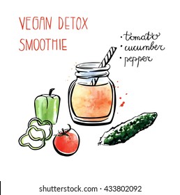 Vector illustration of vegan detox smoothie. Hand drawn recipe of healthy drink made of tomato, cucumber and pepper. Black outline and bright watercolor stains with artistic drips. Isolated on white.