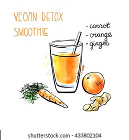 Vector illustration of vegan detox smoothie. Hand drawn recipe of healthy drink made of carrot, orange and ginger. Black outline and bright watercolor stains with artistic drips. Isolated on white.