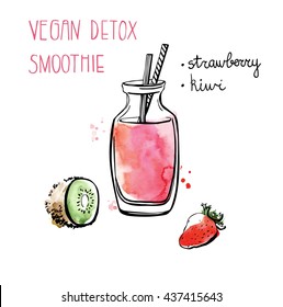 Vector illustration of vegan detox smoothie. Hand drawn recipe of healthy drink made of kiwi and strawberry. Black outline and bright watercolor textured stains with artistic drips. Isolated on white.