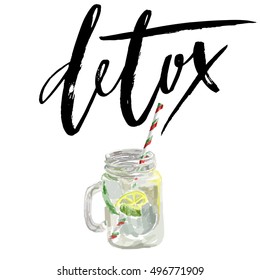 Vector illustration of vegan detox smoothie. Hand drawn healthy drink made of lemon. Isolated on white.