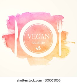 Vector Illustration of a Vegan Food Emblem Design on a Watercolor Background