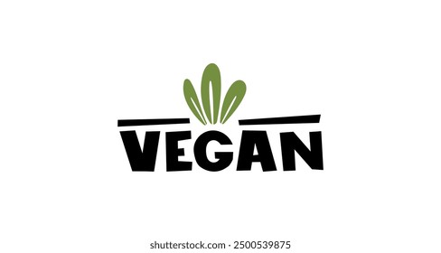 Ilustración vectorial de una etiqueta vegana con tipografía en negrita y un símbolo de hoja verde. Ideal para productos veganos, marca basada en plantas y diseños ecológicos