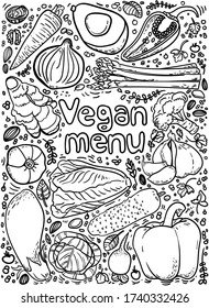 Vector illustration vegan menu with vegetables and greens. Hand drawn vector typographic elements Vegan menu, vegetarian restaurant, vegan cafe and set of hand drawn vegetable elements.