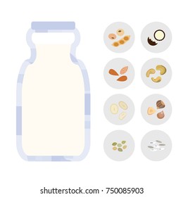 vector illustration of vegan milk in a bottle with soy bean almonds rice and other icons for vegan alternative protein drink options