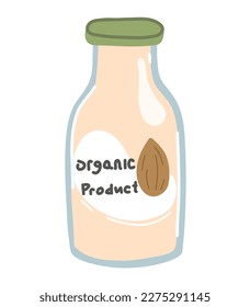 Vector illustration  of vegan milk, icon bottle with vegetarian or plant based milk, almond milk in cartoon flat style.