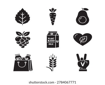Vector illustration of vegan and plant-based food icons in black silhouette style