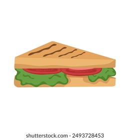 Vector illustration of a vegan sandwich with vegetables and salad. Image of toasted bread with toppings isolated on a white background. Colored logo. Square illustration with buttery food.
