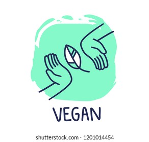 Vector illustration of vegan symbol with cartoon green leaf between two palm on white background with text. Line art style design of palm for web, site, banner