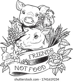 Vector Illustration für Vegane Tattoo-Tiere sind Freunde nicht Ernährung