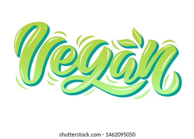 Vector illustration of Vegan text for tags, stickers, advertising and banners. Hand drawn brush lettering, calligraphy for vegan production. 