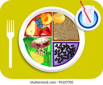 Vector Illustration Of Vegan Or Vegetarian Dinner Items For The New My Plate Replacing Food Pyramid.