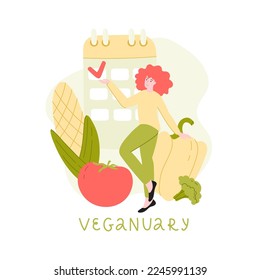 vector illustration - Veganuary on white background. Vegetables, a calendar and a girl who controls her daily diet. January is vegan month.