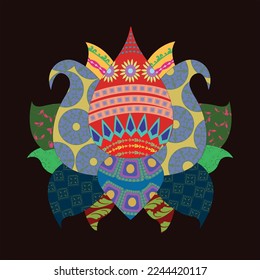 Vector illustration of vegas gold, Prussian blue, OU crimson red, sapphire blue, medium sea blue, hunter green color designer ethic oriental style lotus on smoky black background.textile design.