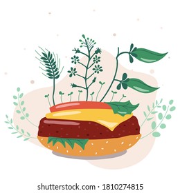 Vector illustration. Vegetable burger. Replacing animal meat to plant-based is a rational use of land resources, reducing methane emissions from cows.