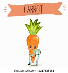 Vector illustration vegetable carrot playing harp, funny hand drawn cartoon characters, text carrot.