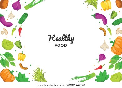 Vector illustration, vegetable frames, wreath of veggies background.