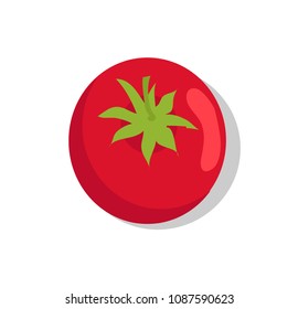 Ð¡olorful vector illustration, vegetable with green top isolated on white backdrop, cute round tomato with reflection on red peel