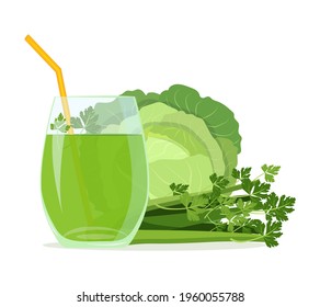 Vector illustration of vegetable juice from cabbage and celery in a glass.