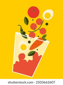 Vector illustration. Vegetable juice, minimalistic design, modern style. Wall poster, banner, postcard, cover. Vegetables, fruits.