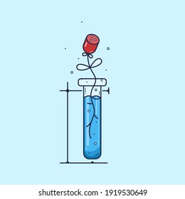 Vector illustration. Vegetable meat grown in laboratory. Flask with growing out of it is an artificial sausage. Safe food for the planet.