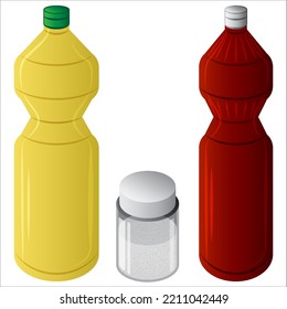 ilustración vectorial aceite vegetal, salsa de pescado, azúcar o sal aislados en fondo blanco