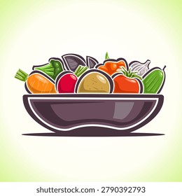 Vector illustration of Vegetable Plate, colorful still life composition, consisting of gray dish with many fresh ripe vegetables