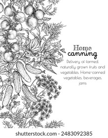 Vector illustration of vegetable preservation season. Branches of tomatoes, cucumbers, dill in engraving style