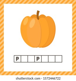 Vector illustration. Vegetable. Pumpkin. Educational logic worksheet for preschool and school age. Guess the word.