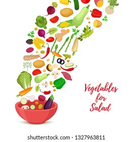 Vector illustration with a vegetable salad, sliced products fall in the red dish. Vitamin food in the plate. Natural agriculture in cartoon style