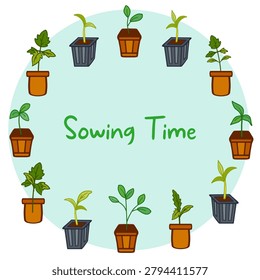 A vector illustration of vegetable seedlings in pots arranged in a circle like a clock face. Sowing time concept.