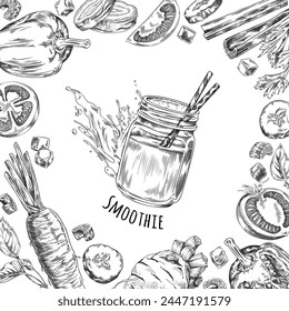 Vector illustration of a vegetable smoothie in a glass jar with a tube in a frame of vegetables: celery, carrots and more on a white background for menu design in a vegetarian cafe