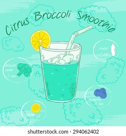 Vector illustration of vegetable smoothie in a glass with a straw and images of ingredients. Printable card or poster. Citrus (orange), broccoli, blueberry